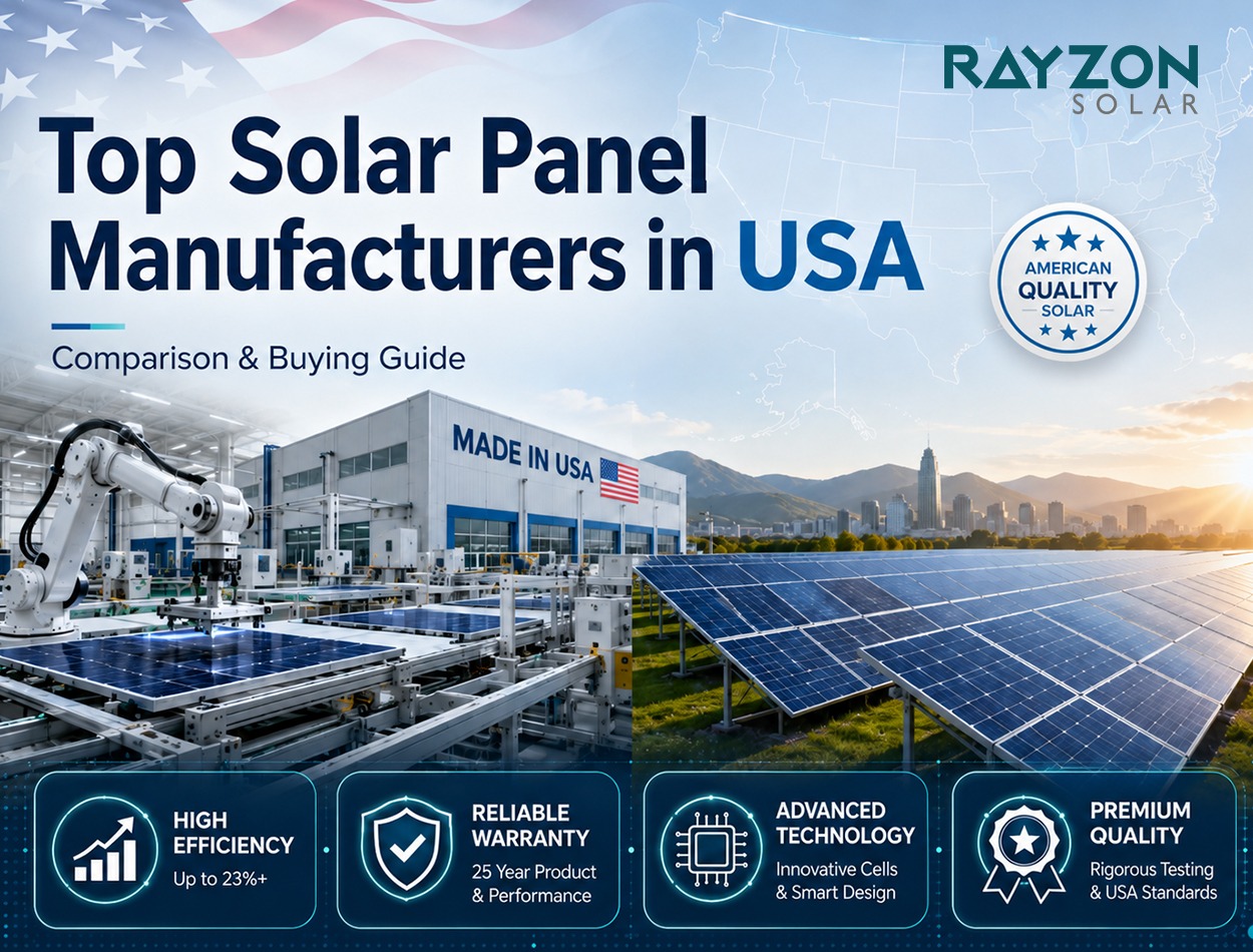 Comparison of the leading solar panel manufacturers in USA including Rayzon Solar, QCells, Jinko Solar, JA Solar, and SEG Solar for residential, commercial, and utility projects.